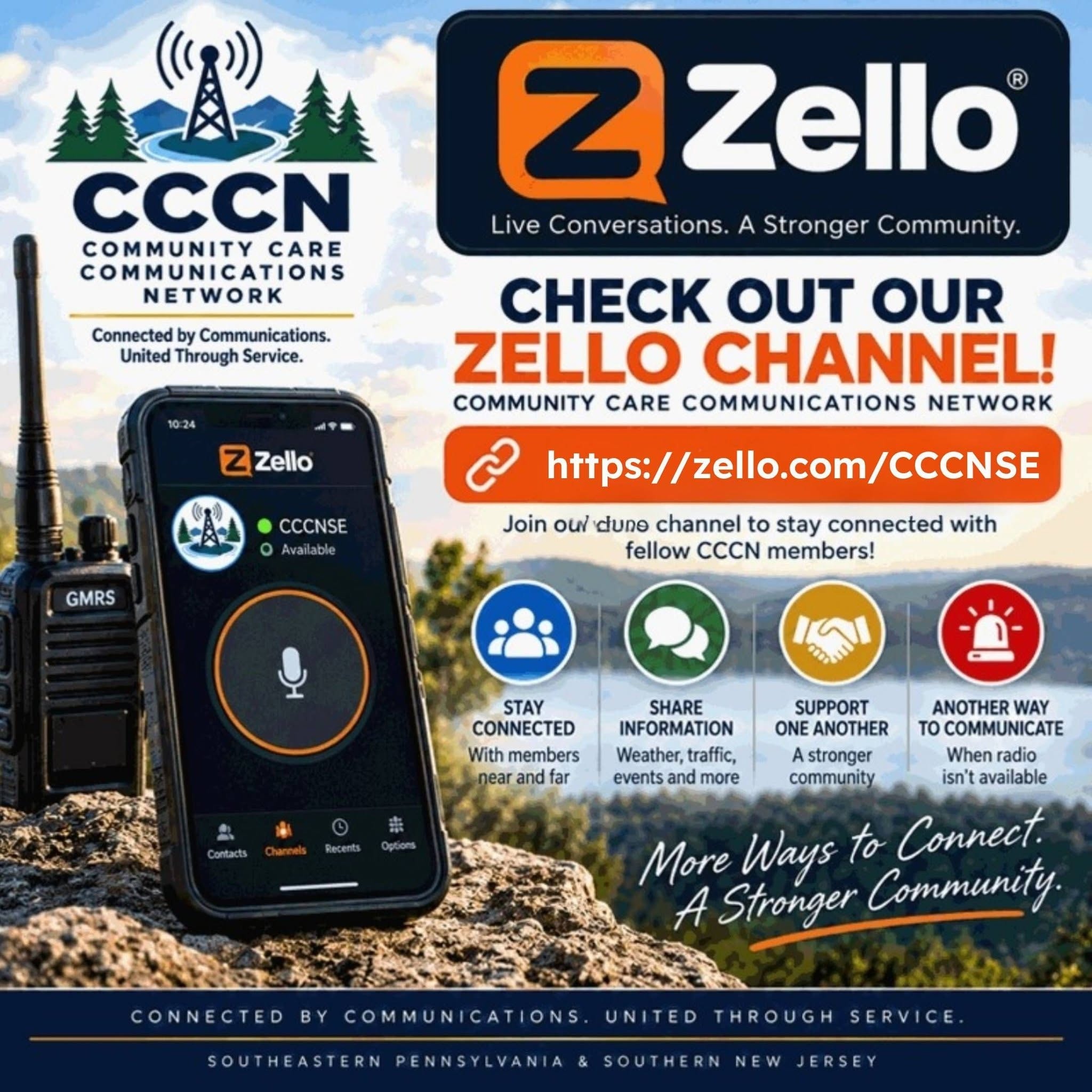 CCCN Zello channel promotional graphic showing the Zello app interface and channel link